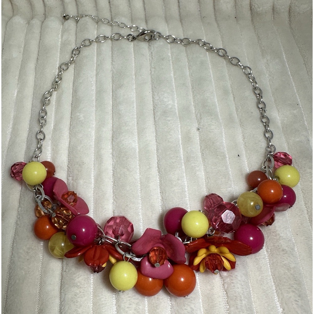 Pink Coral Yellow Beaded Summer Flower Necklace Vintage Style Pre-Owned